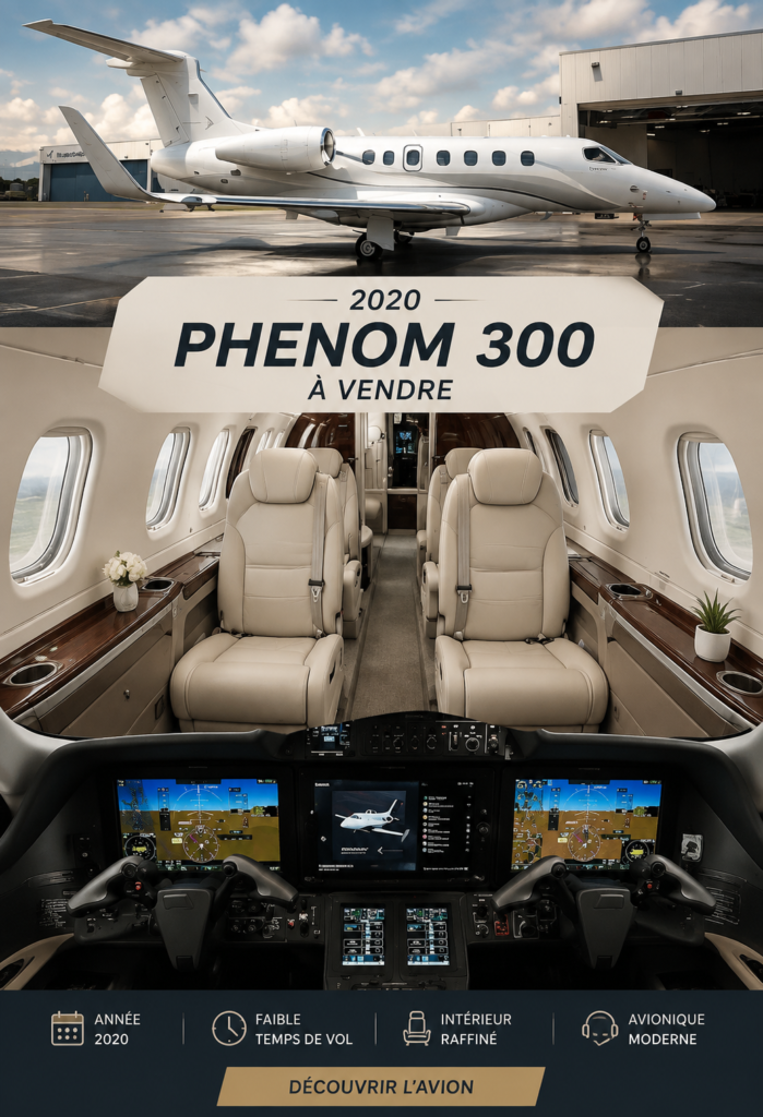 Intérieur luxueux de la Phenom 300 2020 avec des matériaux premium.