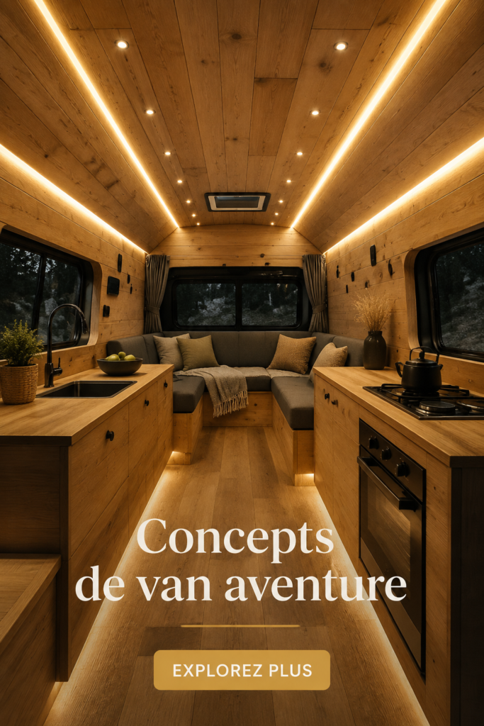 Intérieur moderne et chaleureux d'un van aménagé avec des finitions neutres.