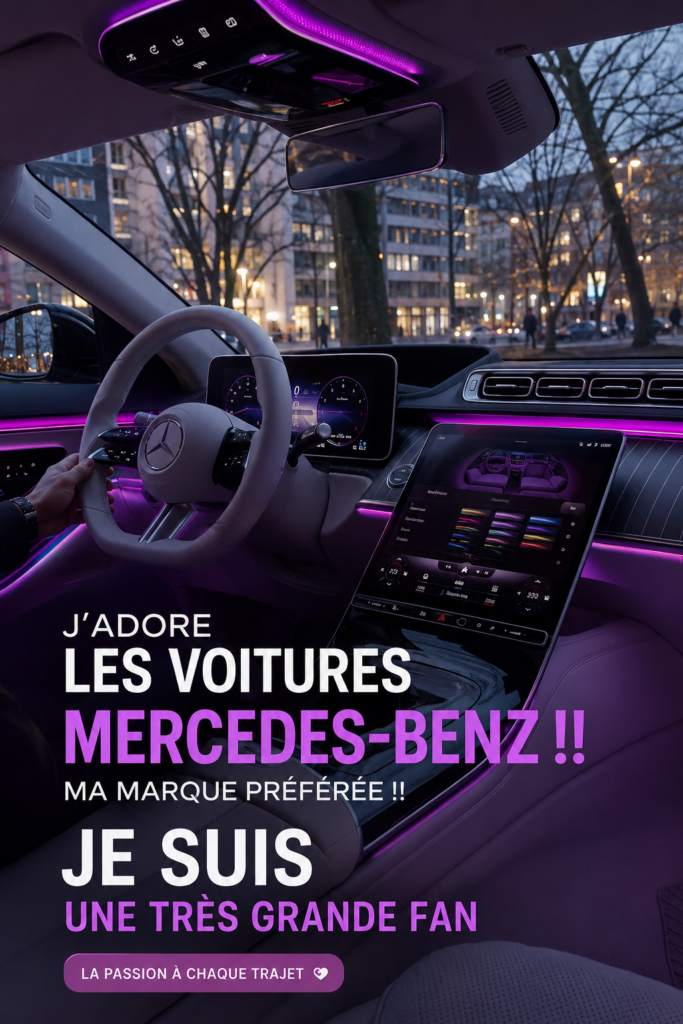 Intérieur luxueux d'une Mercedes Benz avec des matériaux haut de gamme.