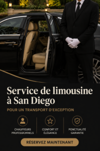 Limousine de luxe blanche garée à San Diego, prête pour un transport de soirée elegant
