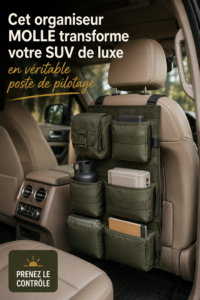 Organisateur MOLLE installé dans l'intérieur d'un SUV de luxe, montrant un espace bien rangé.