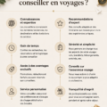 Une femme consultée par un agent de voyage dans un bureau moderne, avec des brochures sur les voyages de luxe.