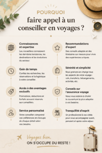 Une femme consultée par un agent de voyage dans un bureau moderne, avec des brochures sur les voyages de luxe.
