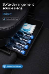 Rangement sous le siège d'une voiture Model Y, organisé et pratique.