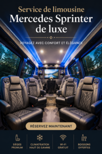 Mercedes Sprinter limousine à l'intérieur luxe, mettant en avant son confort et ses équipements.