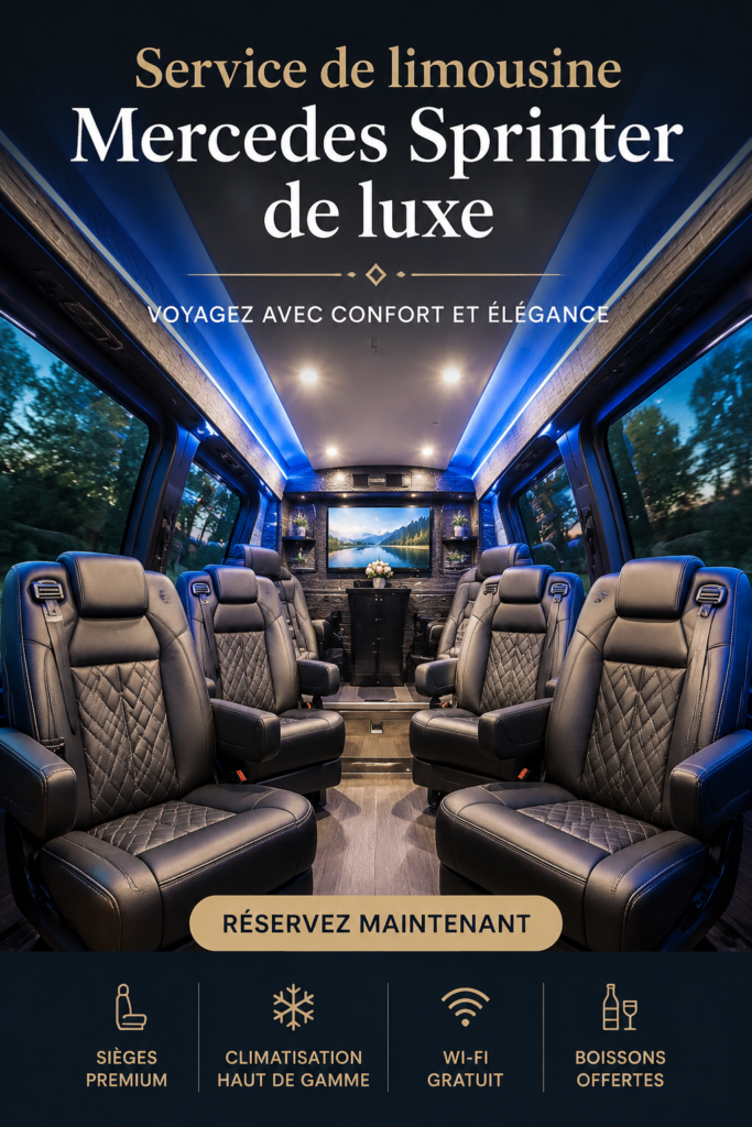 Mercedes Sprinter limousine à l'intérieur luxe, mettant en avant son confort et ses équipements.