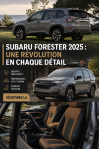 Intérieur du Subaru Forester 2025, avec des matériaux modernes et une ambiance chaleureuse.