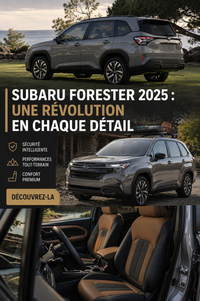 Intérieur du Subaru Forester 2025, avec des matériaux modernes et une ambiance chaleureuse.