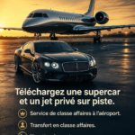 Une collection d'images de voitures de luxe et de jets privés sur une piste de décollage.