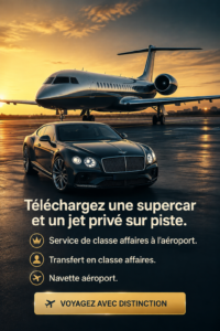 Une collection d'images de voitures de luxe et de jets privés sur une piste de décollage.