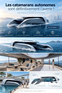 Catamaran autonome naviguant paisiblement sur l'eau ensoleillée, représentant l'avenir de la navigation.