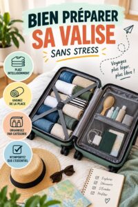 Une valise bien organisée avec des vêtements pliés et des accessoires de voyage.
