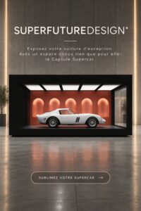 Un intérieur de garage élégant avec une voiture de luxe mise en valeur.