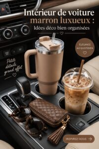 Intérieur d'une voiture de luxe avec des accents marron et un design élégant.