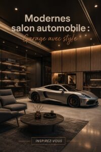 Un garage moderne et élégant avec des accessoires stylés pour une voiture de luxe.