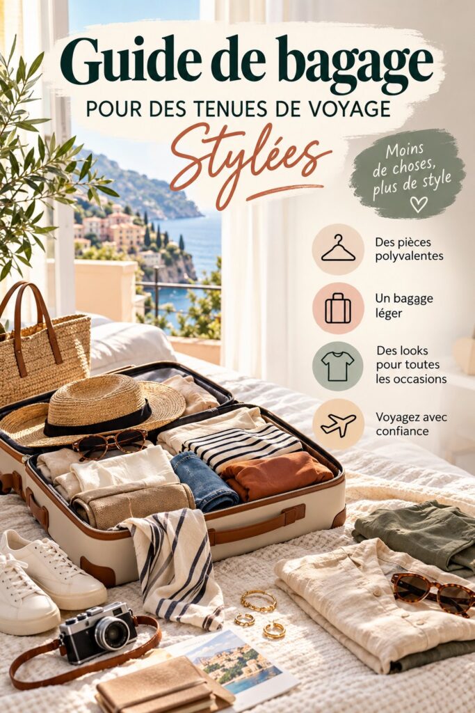 Une femme élégante prépare sa valise avec des tenues stylées pour un voyage.