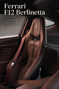 Intérieur luxueux de la Ferrari F12 Berlinetta, mettant en avant des matériaux de qualité et un design élégant.