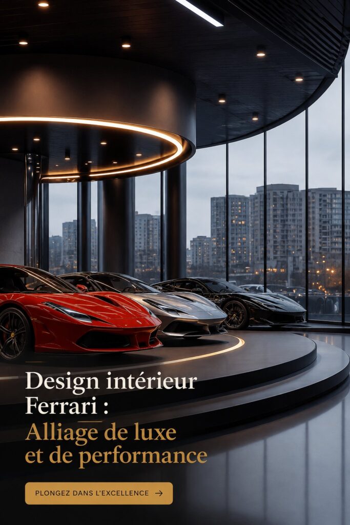 Intérieur élégant d'une Ferrari, mettant en valeur les matériaux haut de gamme et le design moderne.
