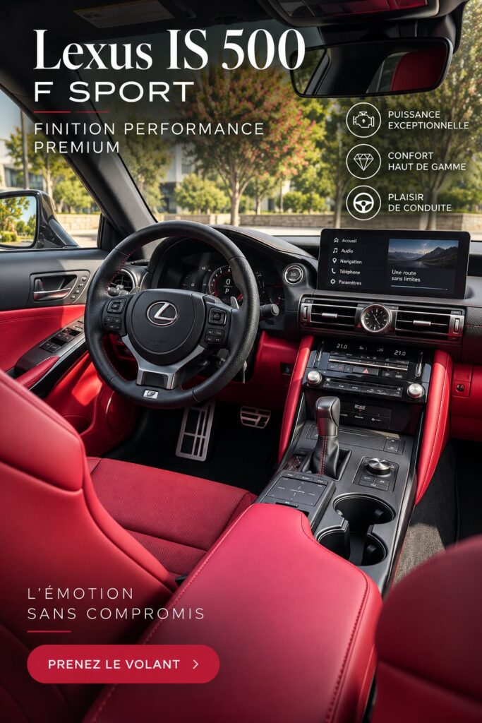 Vue intérieure de la Lexus IS 500 F SPORT qui illustre le luxe et le confort de son habitacle.