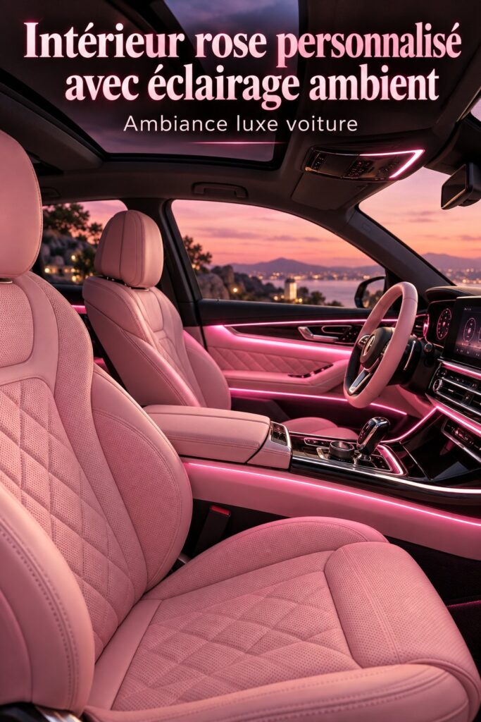 Intérieur d'une Mercedes rose avec éclairage ambiant élégant