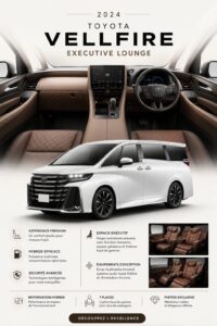 Intérieur du Toyota Vellfire 2024 montrant des sièges en cuir et tableau de bord moderne