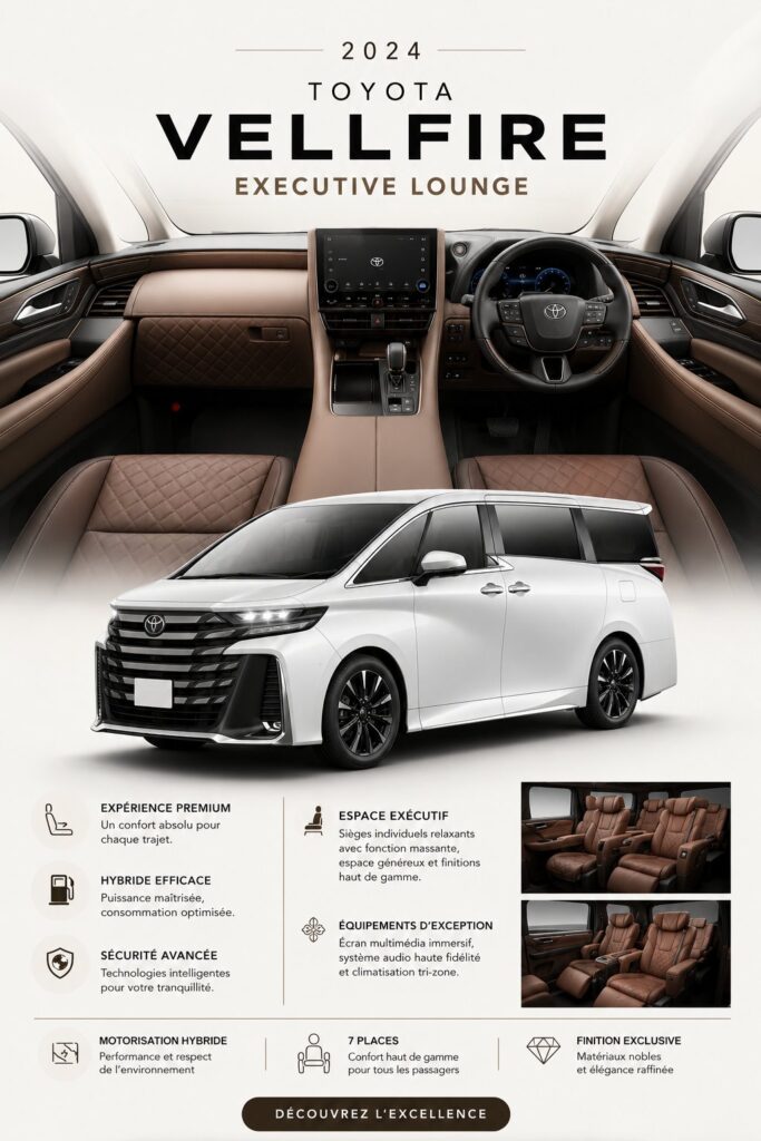 Intérieur du Toyota Vellfire 2024 montrant des sièges en cuir et tableau de bord moderne