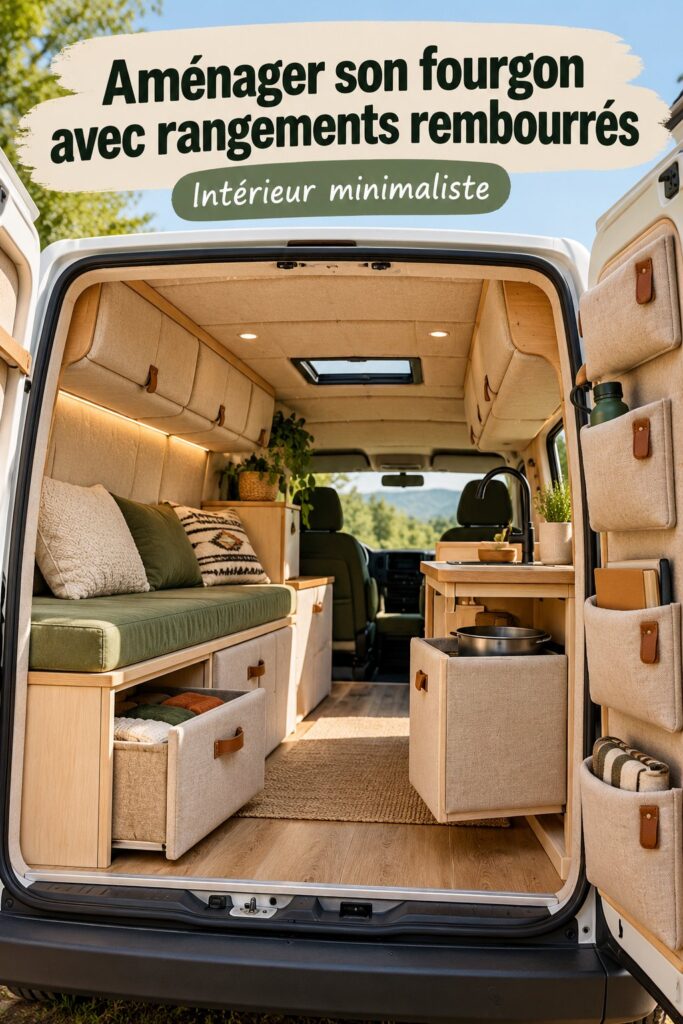 Intérieur d'un van aménagé avec des meubles rembourrés