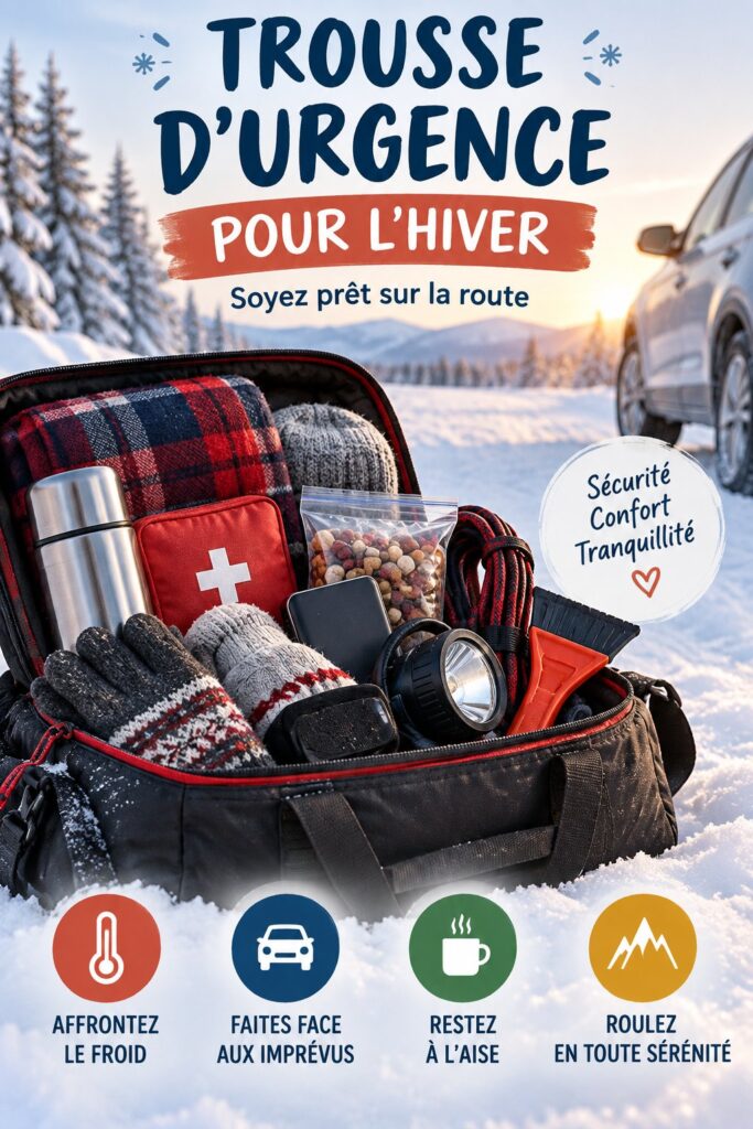 Kit d'urgence pour voiture préparé pour l'hiver avec des accessoires indispensables