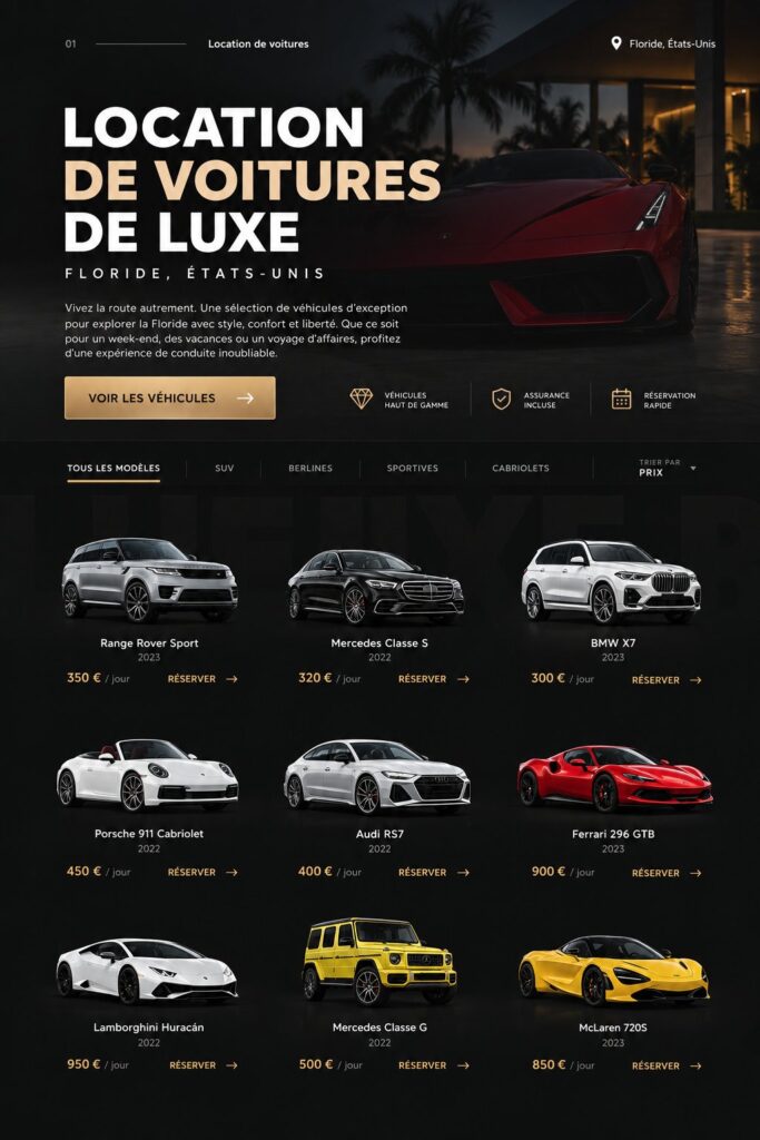 Une voiture de luxe garée sur une plage ensoleillée en Floride.