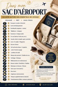 Sac de voyage organisé avec des accessoires pour un road trip en voiture de luxe.