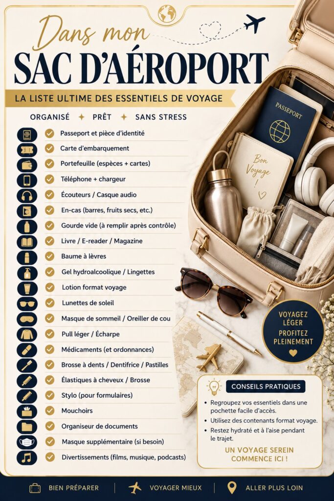 Sac de voyage organisé avec des accessoires pour un road trip en voiture de luxe.