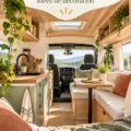 Intérieur d'un van aménagé avec des éléments chic et confortables, évoquant l'élégance et la fonctionnalité.