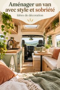 Intérieur d'un van aménagé avec des éléments chic et confortables, évoquant l'élégance et la fonctionnalité.