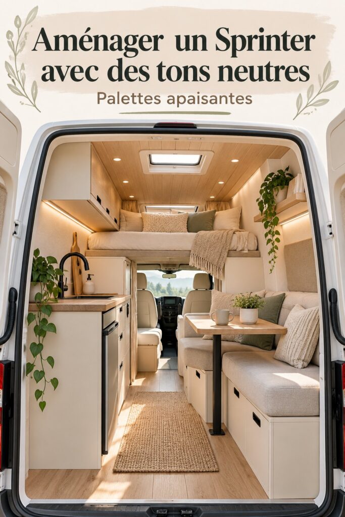 Intérieur d'un Sprinter aménagé avec des tons neutres, créant une atmosphère chaleureuse et accueillante.