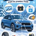 Intérieur de voiture de luxe préparé pour l'hiver avec une checklist hivernale en main.