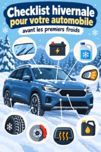 Intérieur de voiture de luxe préparé pour l'hiver avec une checklist hivernale en main.