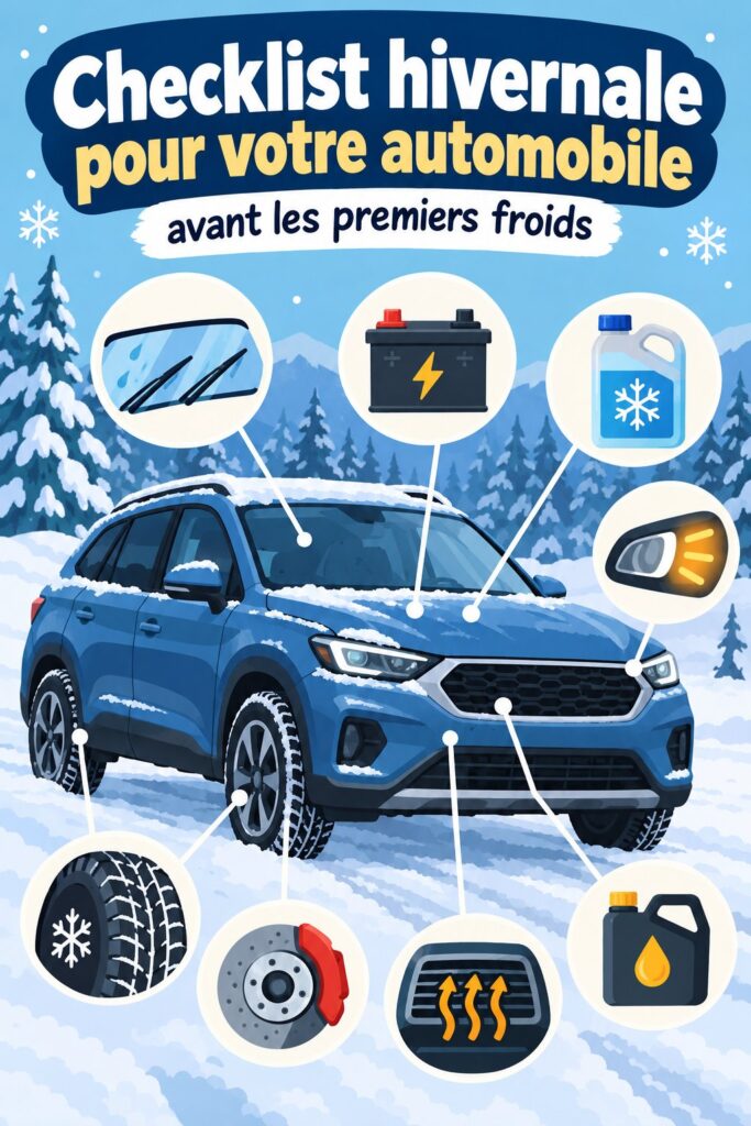 Intérieur de voiture de luxe préparé pour l'hiver avec une checklist hivernale en main.