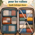 Femme organisant ses bagages avec des cubes de rangement dans une voiture de luxe