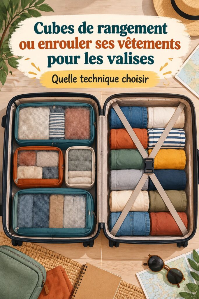 Femme organisant ses bagages avec des cubes de rangement dans une voiture de luxe