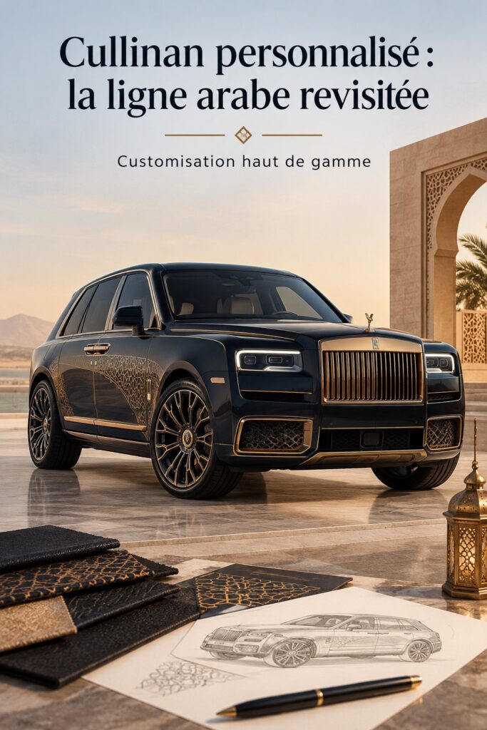 Intérieur personnalisé d'une Rolls-Royce Cullinan inspiré par la ligne arabe, mettant en avant des couleurs et motifs distinctifs.