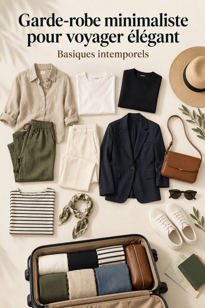 Dressing de voyage élégant avec vêtements coordonnés et accessoires soigneusement disposés dans une voiture de luxe.