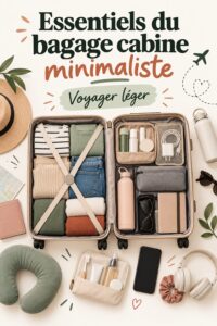 Un bagage à main minimaliste bien rangé, prêt pour le voyage, avec des vêtements raffinés et des accessoires pratiques.