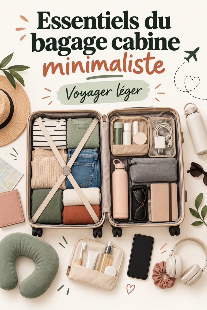 Un bagage à main minimaliste bien rangé, prêt pour le voyage, avec des vêtements raffinés et des accessoires pratiques.