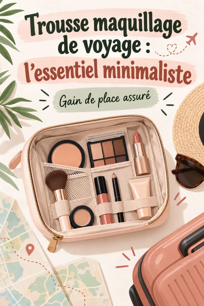 Trousse de maquillage minimaliste prête pour un voyage avec des produits de beauté organisés.