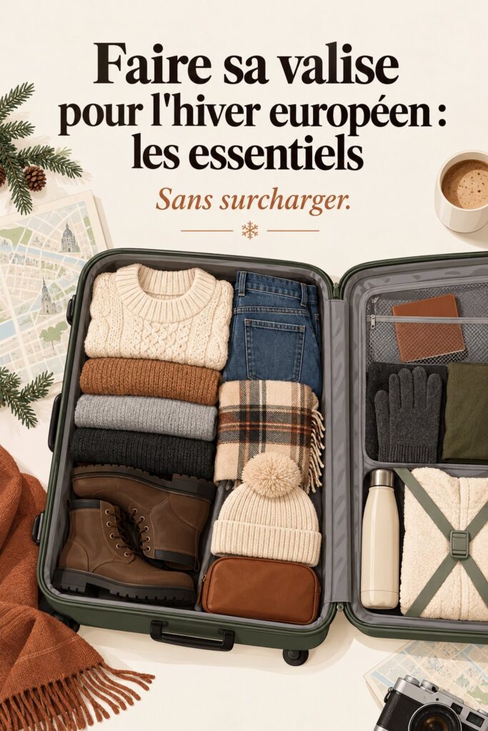 Une valise ouverte avec des vêtements chauds prêts pour un voyage en Europe en hiver.