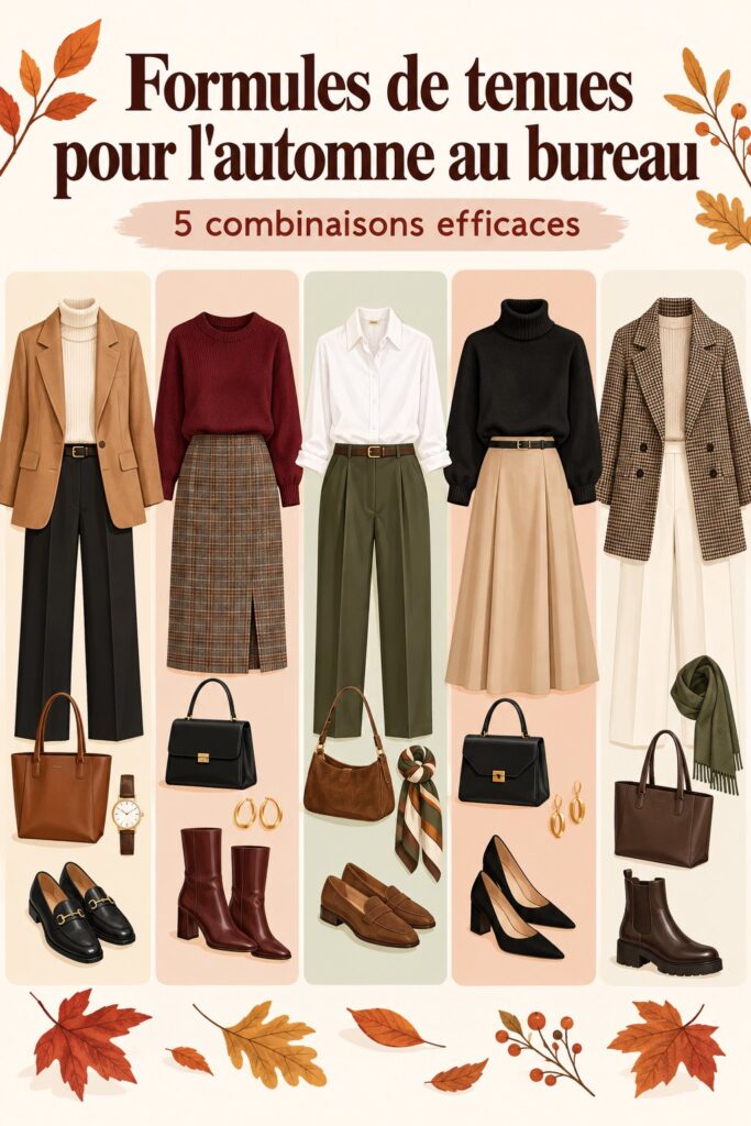 Exemple de tenue chic automnale pour bureau avec une chemise élégante et un pantalon.