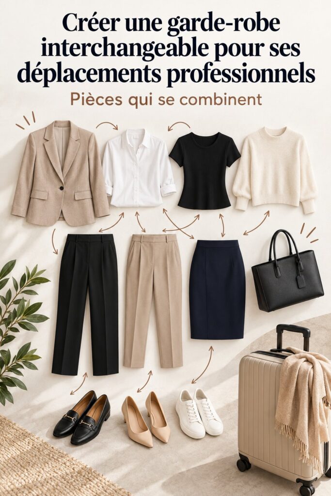 Photo d'une garde-robe organisée avec des pièces interchangeables pour les dames professionnelles en voyage.