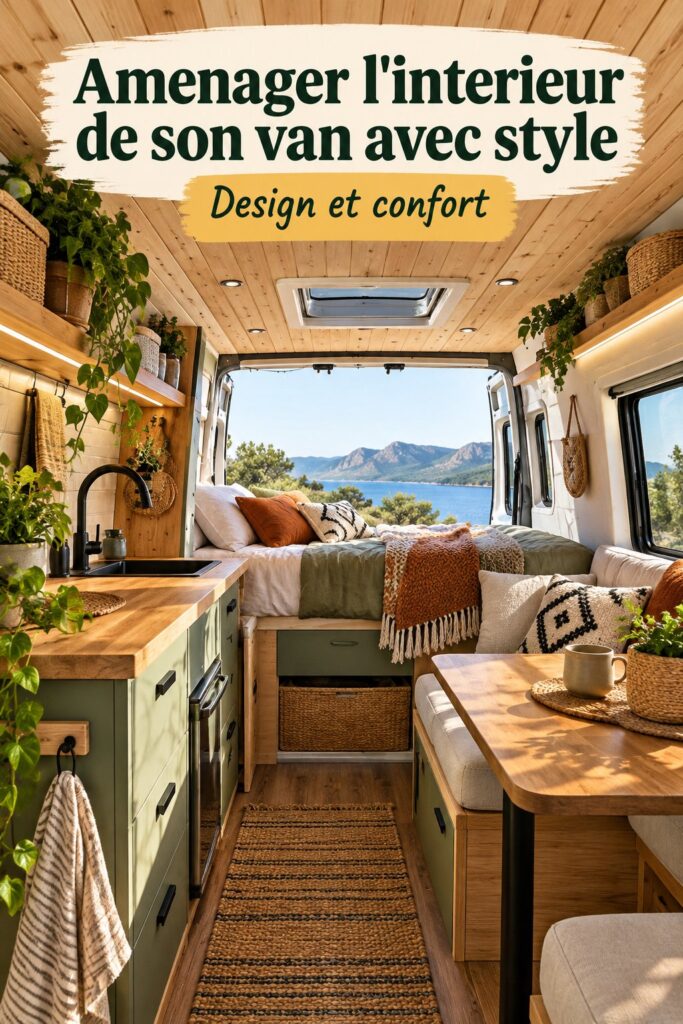 Intérieur moderne d'un van de luxe avec canapé et cuisine élégante.