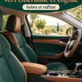 Intérieur de voiture luxueuse avec cuir vert émeraude et accents cognac, design minimaliste et sophistiqué.