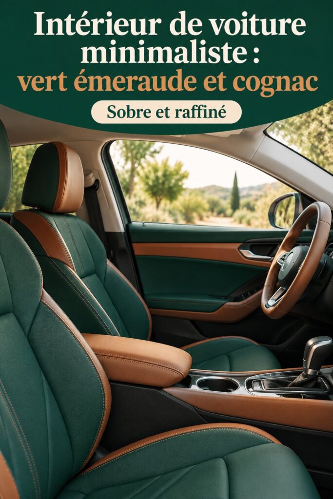 Intérieur de voiture luxueuse avec cuir vert émeraude et accents cognac, design minimaliste et sophistiqué.